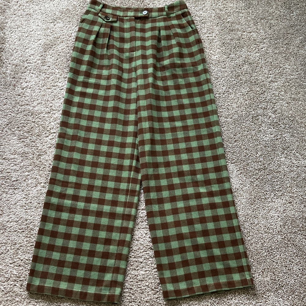 FRNCH Paris High Waisted Wide Leg Plaid Buffalo Check Pleated Trousers Pants L - Picture 4 of 13